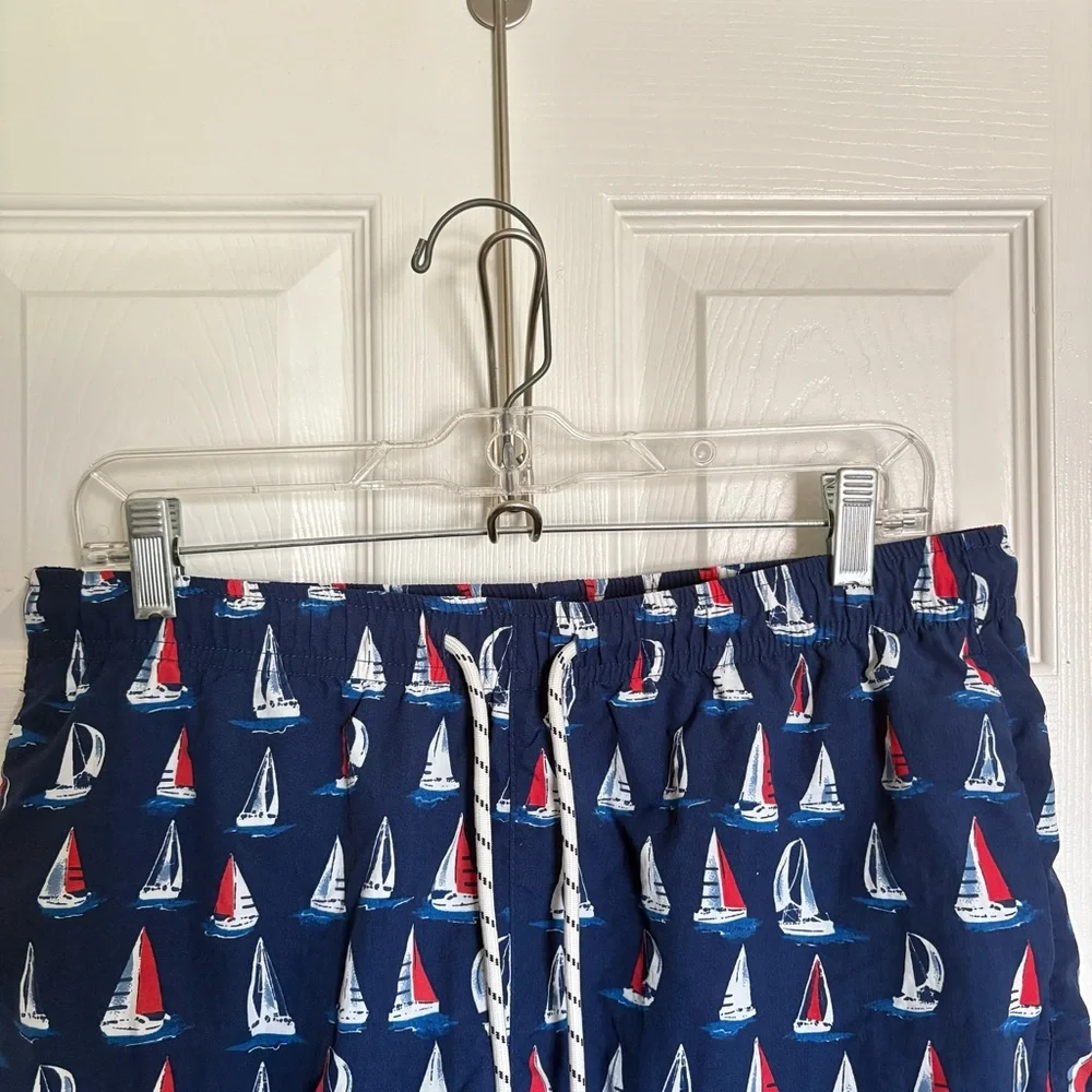 Rainforest Small Blue Sailboat Print Brief Lined Swim Trunks Water Shorts Resort